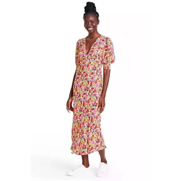 Rixo for Target Abstract Floral Puffed Sleeve V-Neck Flounce Hem Multicolor Brig - Picture 1 of 7